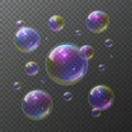 Soap bubbles. Abstract foam bubble shampoo clear soap rainbow wash bubbling shiny bubbly texture isolated vector set