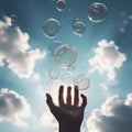 Soap bubbles in the air with the blue sky and white clouds in the background. ai generative Royalty Free Stock Photo
