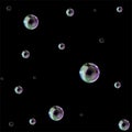 Soap bubbles on a black background. Can be used as a seamless pattern or background. Vector illustration Royalty Free Stock Photo