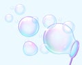 Soap bubbles blowing. Realistic flying rainbow reflective spheres and blow tool. Transparent 3D air balls from foam Royalty Free Stock Photo