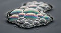Soap bubbles cluster together on a dark surface. They display iridescent patterns of Royalty Free Stock Photo