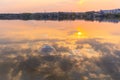 Soap bubbles and evening sunset reflextion in river or lake Royalty Free Stock Photo
