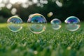 Soap bubbles floating on green grass in summer sunlight Royalty Free Stock Photo