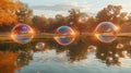 Soap Bubbles Floating Over a Reflective Pond at Sunset Royalty Free Stock Photo