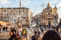 Soap bubbles flying on Piazza del Popolo, People Square in Rome full of happy positive people, tourists and locals with Roman Royalty Free Stock Photo