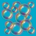 Soap bubbles are frothy realistic with rainbow colors on a blue background. Water-air sphere.Template for cover, banner Royalty Free Stock Photo