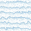 Soap bubbles. Sea and ocean waves. Seamless pattern blue. Cleaning concept. Water background. Wavy seacoast with bubbles. Design p