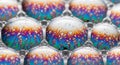 Soap bubbles with vibrant, swirling colors form a hexagonal pattern. Each bubble displays an Royalty Free Stock Photo