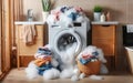 Soap coming out from broken washing machine. Broken laundry washer with foam Royalty Free Stock Photo
