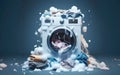 Soap coming out from broken washing machine. Broken laundry washer with foam Royalty Free Stock Photo