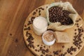 Soap, cream and scrub and coffee beans in burlap sack