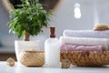 Soap dispenser, towels and brush on white table Royalty Free Stock Photo