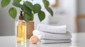 Soap dispenser, towels and brush on white table indoors, Generative AI Royalty Free Stock Photo