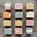 Soap displayed in three columns and four rows on a weathered wooden Royalty Free Stock Photo