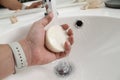 Soap in the hand of a man with Applewatch Royalty Free Stock Photo