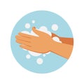 Soap hand wash. Cleaning process. Icon with cartoon soapy arms. Human limbs and cleanser foam. Sanitary and hygiene