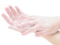 Soap hands close-up isolate on a white background. Step-by-step instructions for hand washing. Ways to protect against microbes in Royalty Free Stock Photo