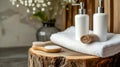 Soap and lotion dispensers, linen towel, and dry shampoo on oak. Zero-waste, spa concept, wabi-sabi style