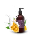 Soap, Lotion, Spa Cosmetics Container with mango. Bottle Tube For Liquid Hair Shampoo. Skin Care. CC, BB face cream. Toner. Make Royalty Free Stock Photo