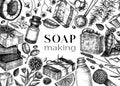 Soap making ingredients frame design. Hand-sketched aromatic materials for cosmetics, perfumery, soap. Great for branding,