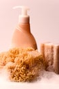 Soap, natural sponge and shower gel Royalty Free Stock Photo