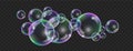 Soap rainbow bubbles realistic isolated black transparent background. Colorful foam soap bubbles with reflections