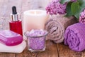 Soap, red bottle with aromatic oil, burning candle, bowl with se Royalty Free Stock Photo