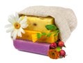 Soap in sack with flowers and berries