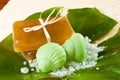 Soap and salt on leaf of monstera Royalty Free Stock Photo