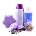 Soap, shampoo, lavender flowers and other hygiene items isolated on a white background Royalty Free Stock Photo