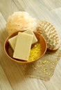 Soap, sponge and bath salts on wooden. Royalty Free Stock Photo