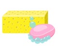 Soap, Sponge And Foam Bubbles. Cleaning supplies.