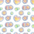 Soap suds bubbles in blue, pink and green colors. Seamless pattern. Hello summer, children toy, childhood, foam, water, sphere,