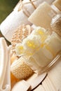 Soap, white towels and massage tools Royalty Free Stock Photo