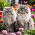 Soapy fluffy gray Siberian cats are sitting in a blooming flowerbed