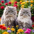 Soapy fluffy gray Siberian cats are sitting in a blooming flowers