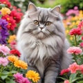 Soapy fluffy gray Siberian cats are sitting in a blooming flowers