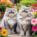 Soapy fluffy gray Siberian cats are sitting in a flowers