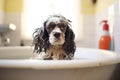 soapy spaniel in a sudsy tub