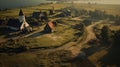 Coastal Medieval Charm: Aerial View of Village, Chapel, and Sea