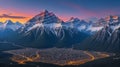 Stunning twilight panoramic view of Bow Valley and town of Banff surrounded by Canadian Rocky mountains