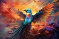 A soaring bird against a canvas of vibrant colors