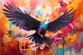 A soaring bird against a canvas of vibrant colors