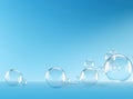 Soaring bubbles on blue background. Abstract soap bubbles floating background. Generated AI.