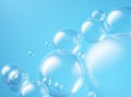 Soaring bubbles on blue background. Abstract soap bubbles floating background. Generated AI.