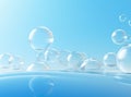 Soaring bubbles on blue background. Abstract soap bubbles floating background. Generated AI.