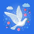 Soaring dove with flower in the clouds Royalty Free Stock Photo