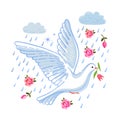 Soaring dove with flower in the clouds Royalty Free Stock Photo