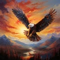 soaring eagle, its wings outstretched against a backdrop of a vibrant sunset by AI generated Royalty Free Stock Photo