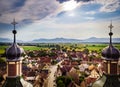 Soaring majestic church Saint Maurice in little french village E Royalty Free Stock Photo